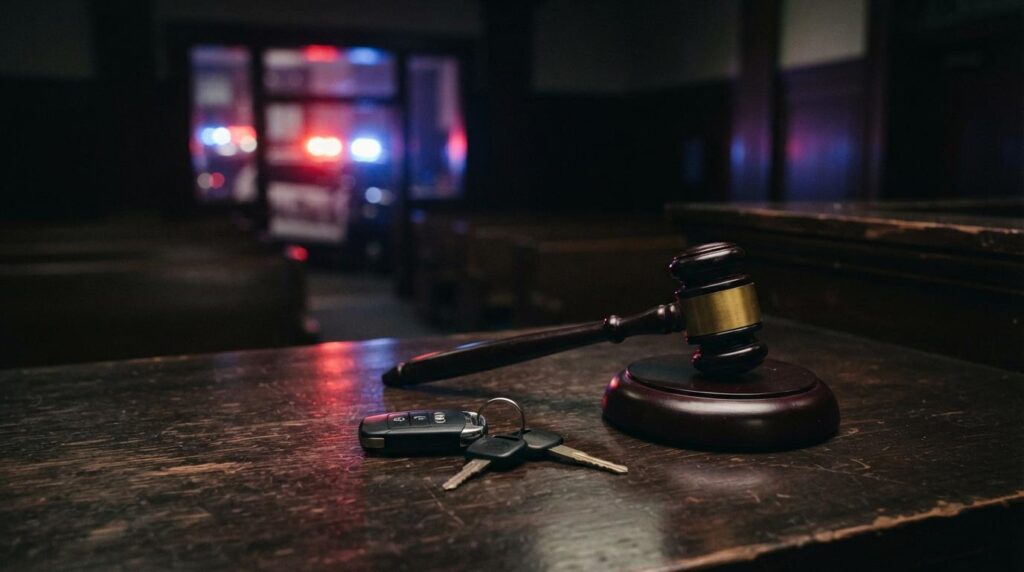 Car keys and a judge's gavel with police lights behind, symbolizing an Indiana OWI arrest and license suspension